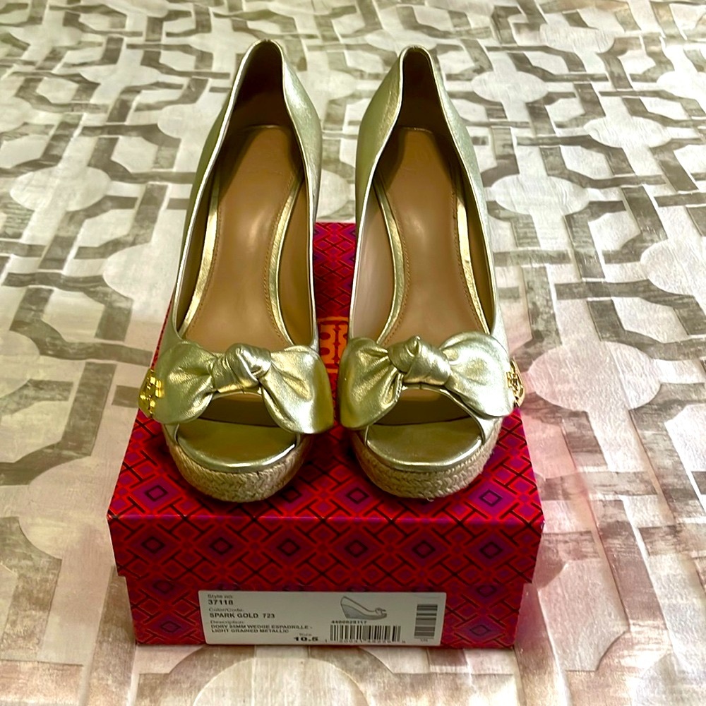 Shine On in a Spark Gold Tory Burch Wedge Espadrille Heels this Summer